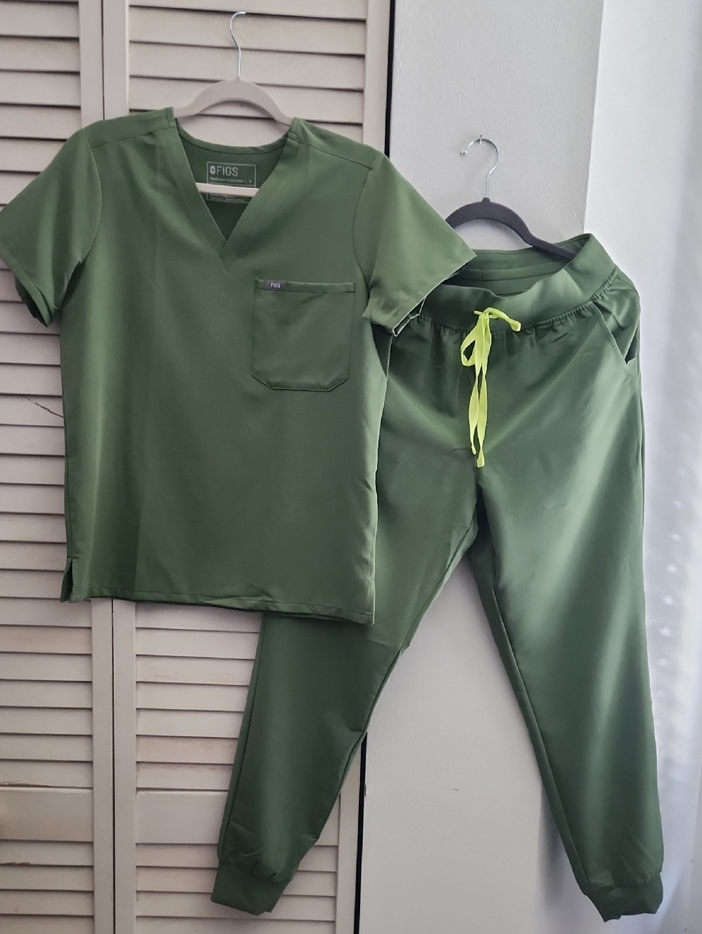 Figs Olive Green Scrub Top and Jogger Set with Neon Yellow Drawstring